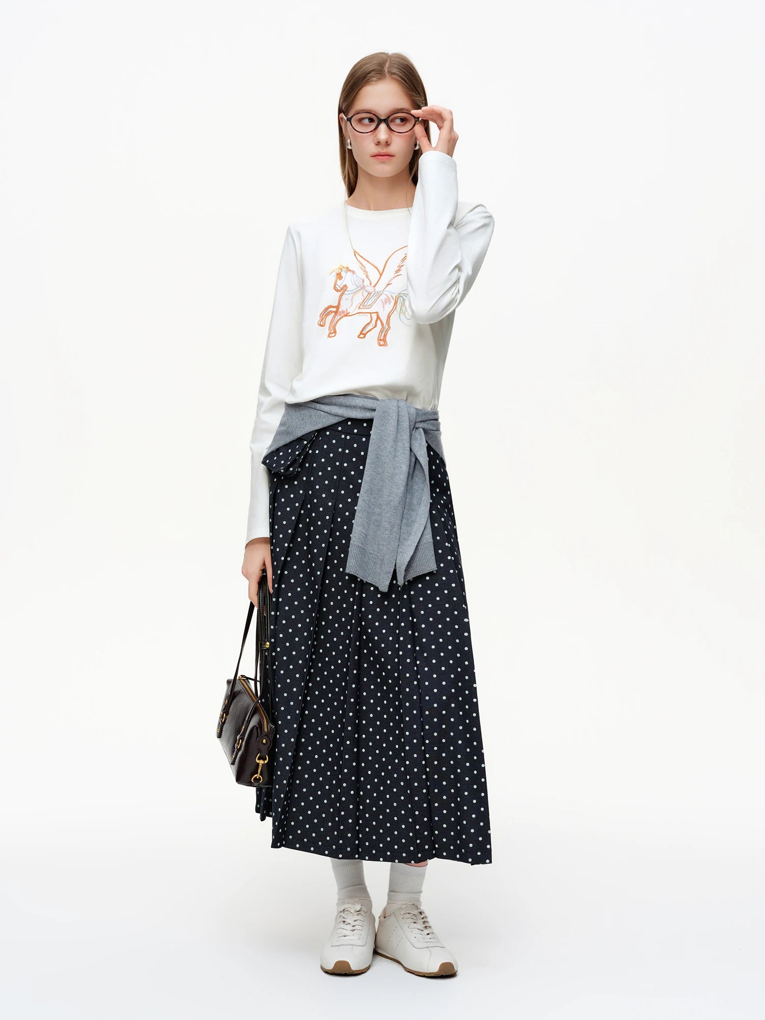 DUSHU 2026 Spring New Women's Polka Dot Midi Skirt Retro Black White Flared Pleated Skirt Vintage Waist Tie A-Line Party Skirt