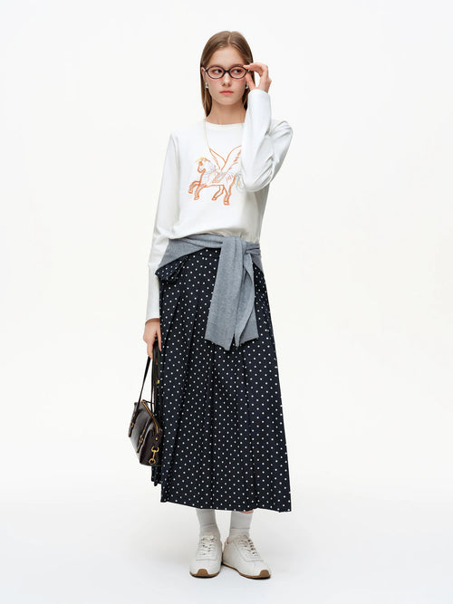 DUSHU 2026 Spring New Women's Polka Dot Midi Skirt Retro Black White Flared Pleated Skirt Vintage Waist Tie A-Line Party Skirt