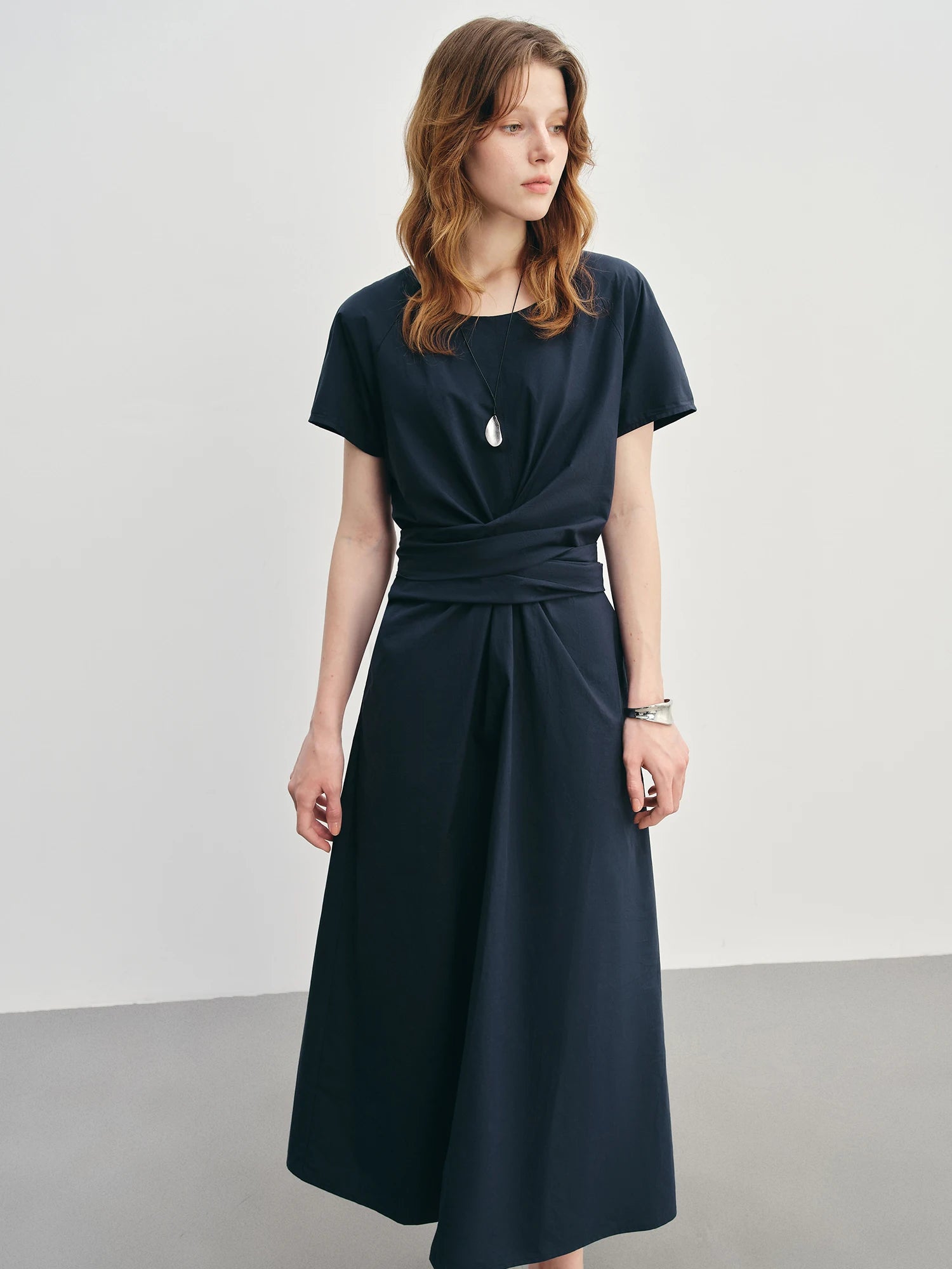 DUSHU Women's Pleated Tie HIgh Waist Mid-length Dress For Women 2025 Summer New Waist Slimming Irregular Dress 25DS88012