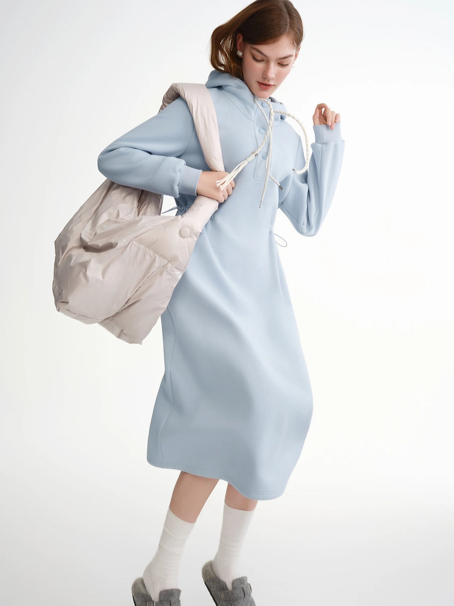 DUSHU Winter A-line Maxi Dresses Women Waist-defined Hooded Sweatshirt Sundress Long Sleeve Holiday Vestidos Cotton Daily Sweet