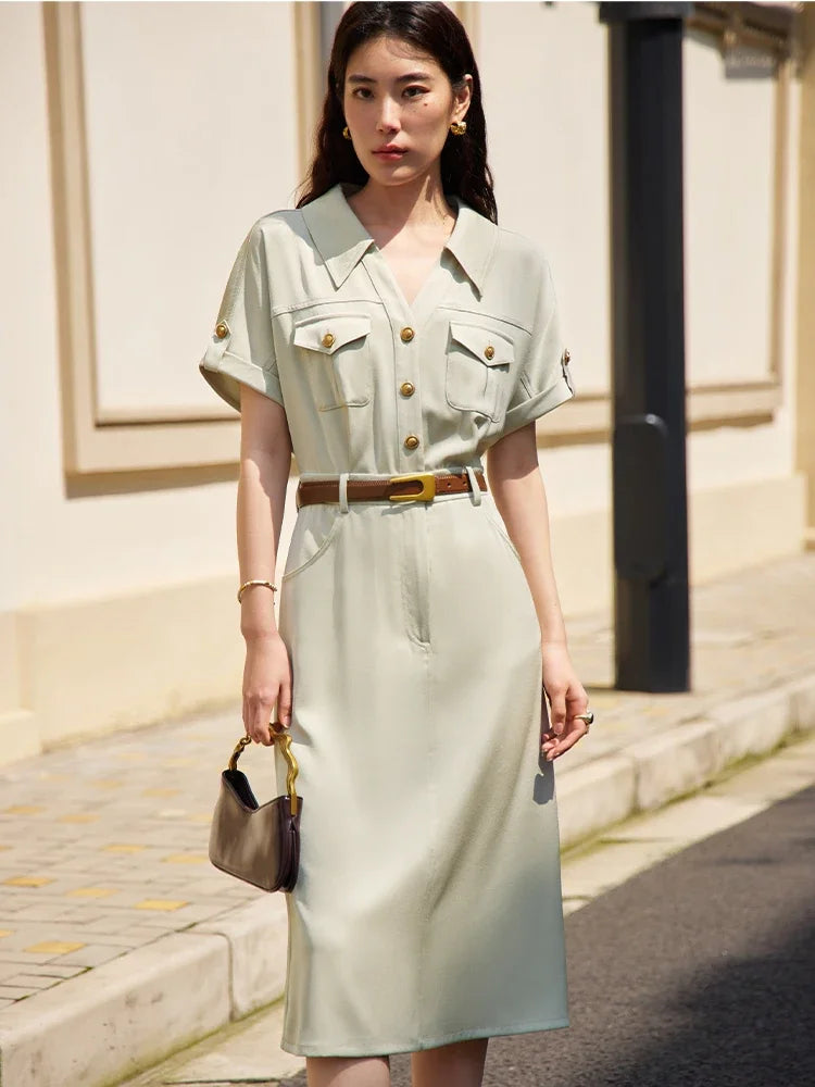 DUSHU 20.6% Acetate Women Khaki Temperament Long Single Breasted Dresses Turn-Down Collar Short Sleeve Women Dress 24DS82361