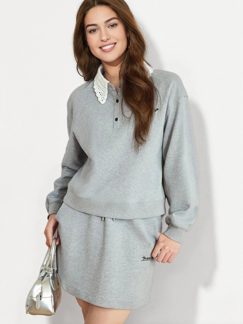 DUSHU Women Spring Sweatshirt Skirt Sets Crochet Doll Collar Female Grey Casual Sweatshirts Suit Mini Skirt 25DS81244+25DS81245