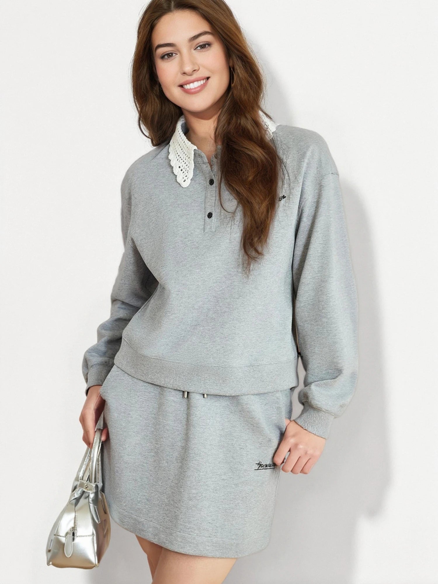 DUSHU Women Spring Sweatshirt Skirt Sets Crochet Doll Collar Female Grey Casual Sweatshirts Suit Mini Skirt 25DS81244+25DS81245