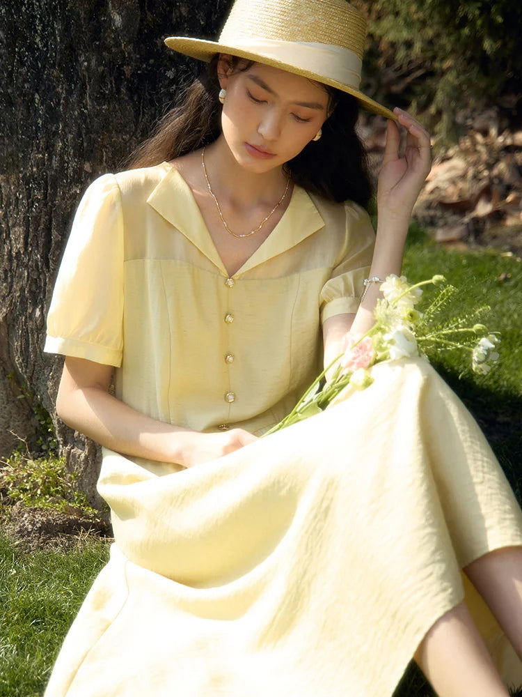 DUSHU Fake Two-piece Waist Up Dress 2024 Summer New Style Temperament V-neck Bubble Sleeves Yellow Black Women Dress 24DS82134