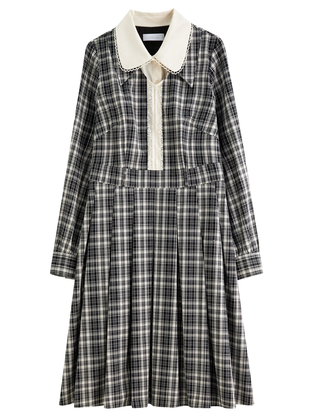 DUSHU Lace Peter Pan Collar Plaid Dress Women 2025 Autumn New Style Long Sleeve Knee Length Vintage Girlish British Style