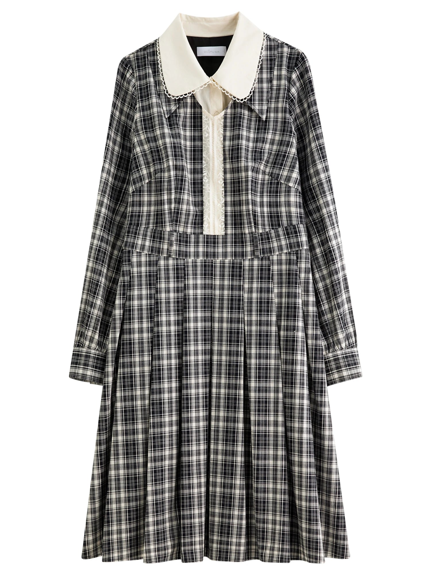 DUSHU Lace Peter Pan Collar Plaid Dress Women 2025 Autumn New Style Long Sleeve Knee Length Vintage Girlish British Style