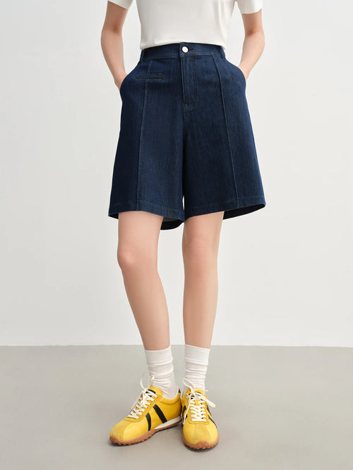 DUSHU 2025 Summer Women's Stretch Denim Mid-Length Shorts - Streamlined Straight-Leg Design & Versatile Urban Jeans