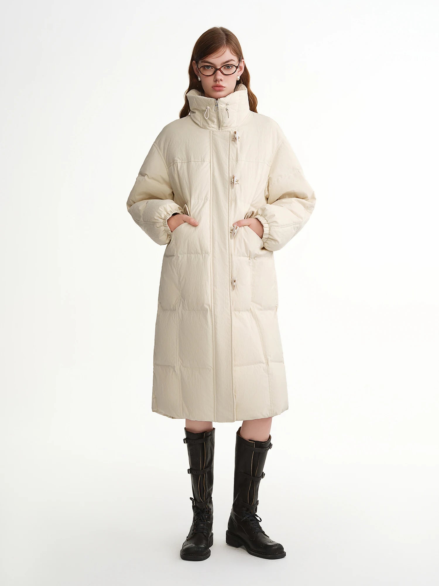 DUSHU Stand Collar Horn Button Long Down Jacket 2025 White Duck Down Jacket Simple Solid Leisure Straight Coats Loose Fit