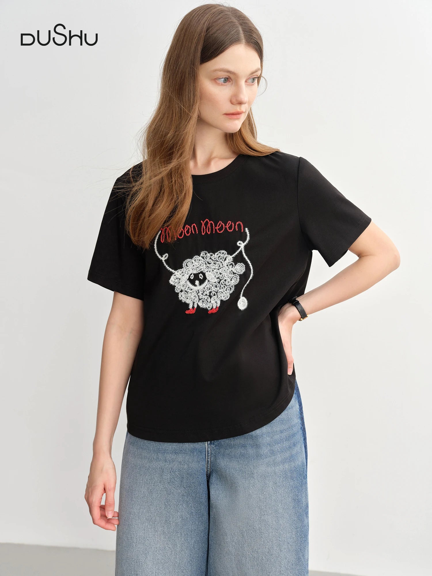 DUSHU Letter Embroidered Lamb Round Neck Short-sleeved T-shirt 2025 Summer Fashion All-match Slim Top 25DS82835