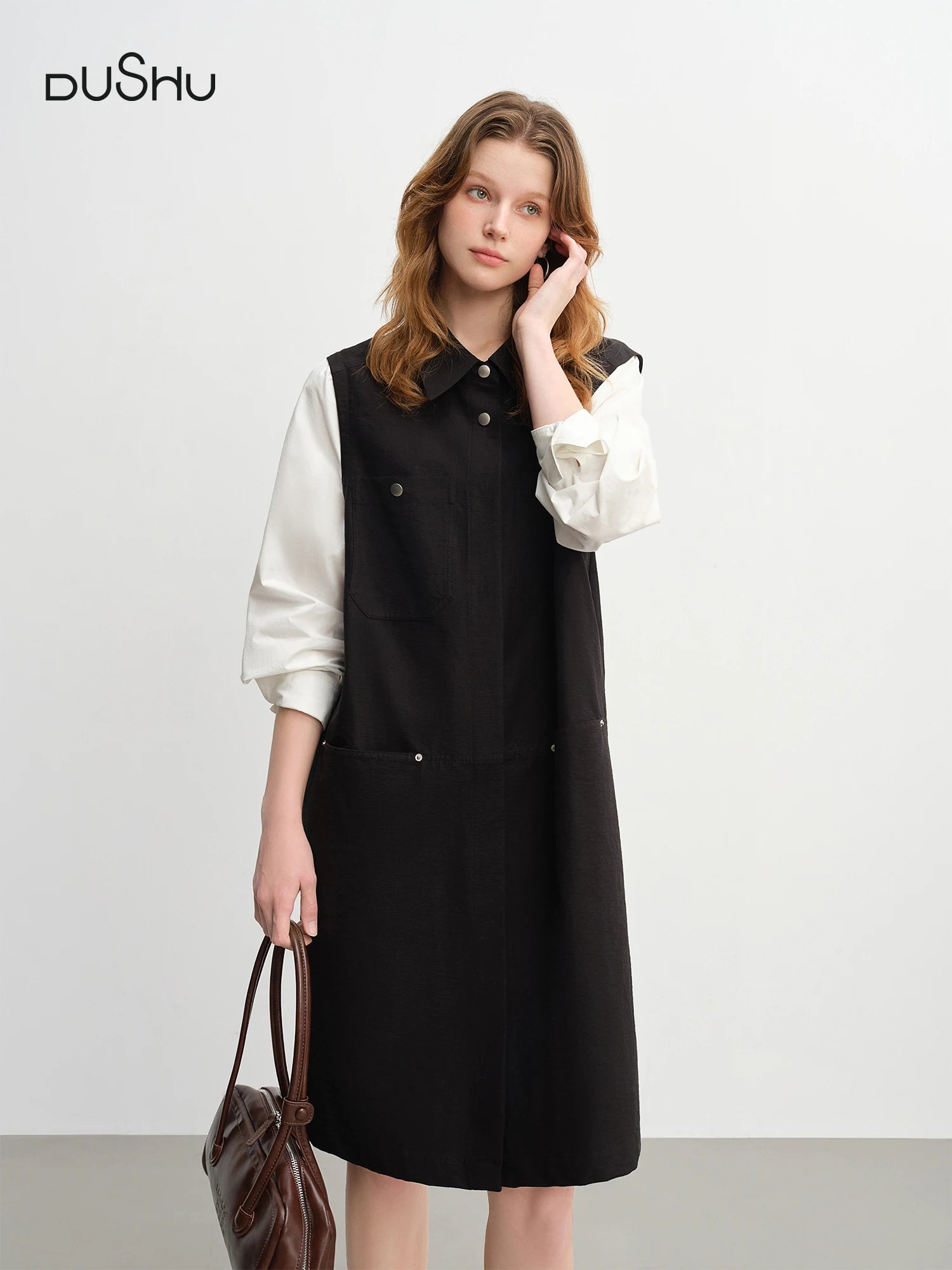 DUSHU Plus-Size Women's Color Block Mock Layer Patchwork Workwear Style Shirt Dress 2025 Autumn Fashion Commuting 25DS83144