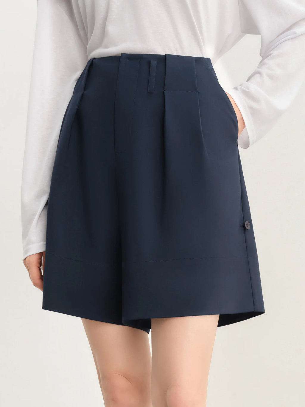 DUSHU 3D Pleated High-Waisted Rolled Hem Casual Shorts - 2025 Summer New Arrival Fashionable Wide-Leg Pants 25DS82825