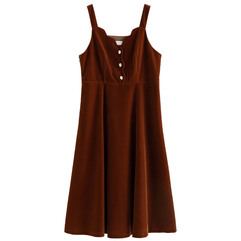 DUSHU Retro Petal Collar V-neck Camisole Dress Autumn Winter Design Sense Stacked Long A-Line Skirt Female Vintage Strap Dress
