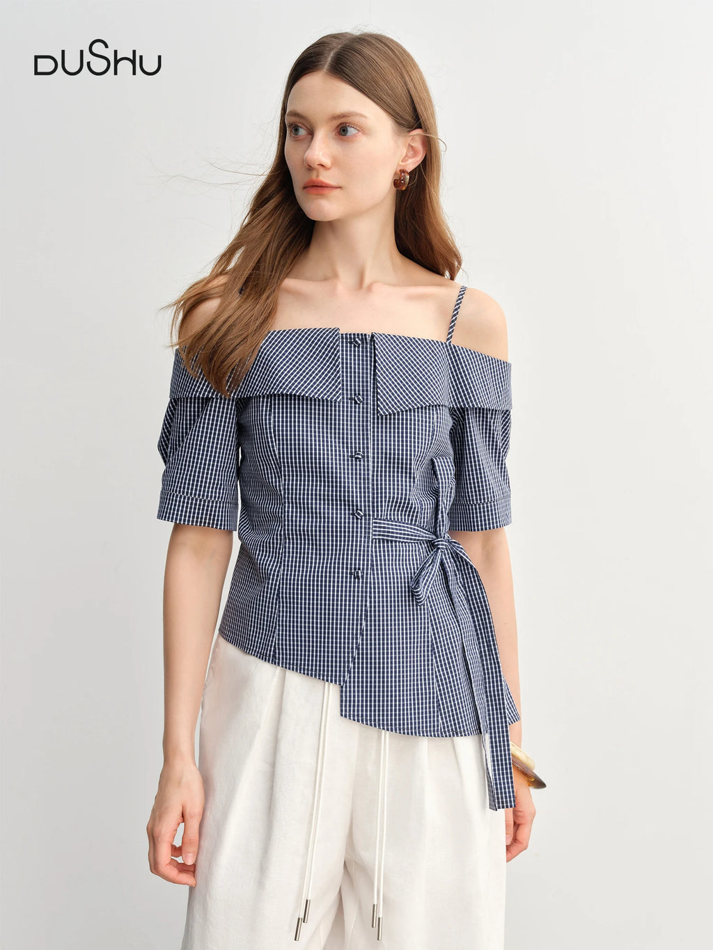 DUSHU 2025 Summer Women's Gingham Strappy Top - Adjustable Ties Short Sleeve Shirt with Flattering Silhouette & Design Details