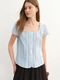 DUSHU French Style Square Collar Lace Stitching Pleated Blouse For Women 2025 Summer New Simple French Style Tops 25DS82821