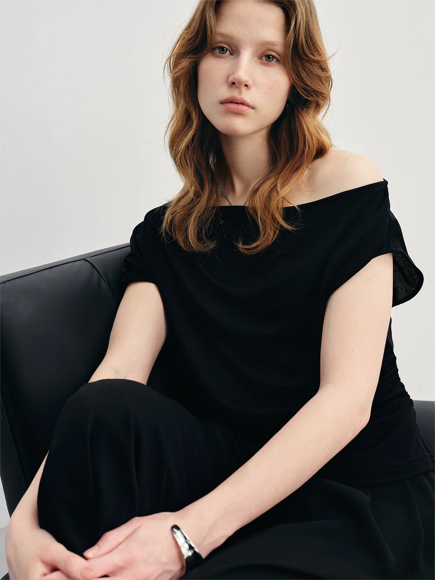 DUSHU Summer 2025 Acetate T-Shirt - Off-Shoulder Draped Neck Waist Tucks Slim Fit Casual Top Women Fashion