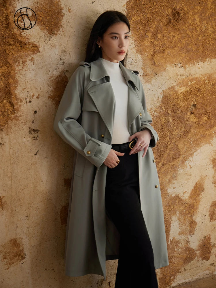 DUSHU Classic British Style Mid Length Trench Coat 2023 Autumn New Retro Style Jacket For Women Grey Casual Loose Women Trench