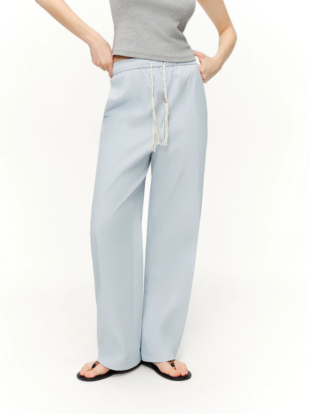 DUSHU 2026 Spring Women's Tie-Waist Bootcut Pants, Elastic High Waist Flared Casual Trousers, Y2K Retro Loose Fit Lounge Pants