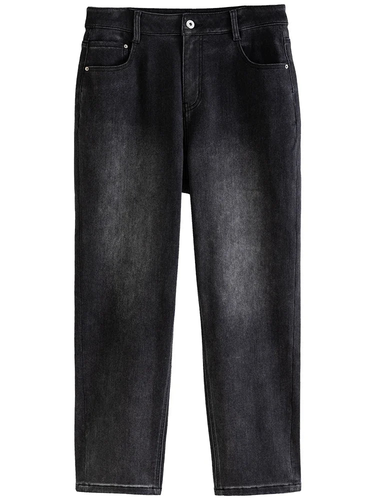 DUSHU 94.3% Cotton Denim White Women Tapered Jeans 2023 Winter New Casual Brushed Fleece Smoke Gray Women Jean Cropped Pants
