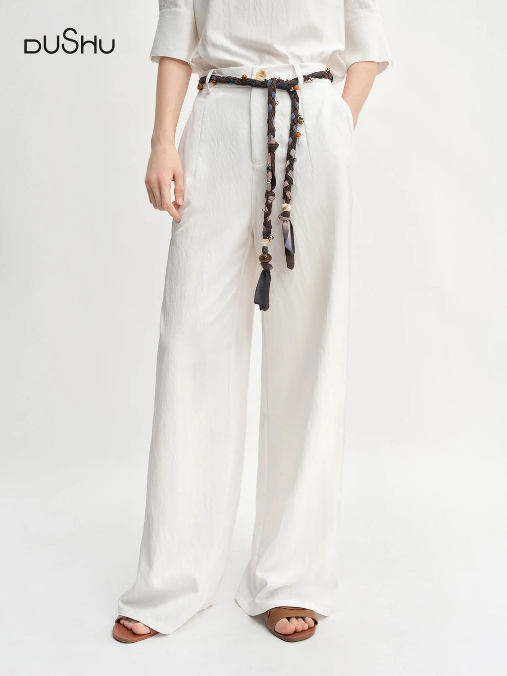 DUSHU Autumn 2025 Relaxed Fit Pants - Elasticated Waistback Flared Leg Casual Bottoms Office Chic Women Trousers