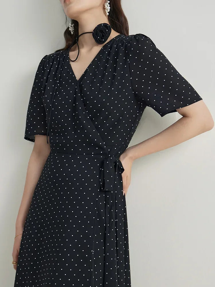 DUSHU French Style V-neck Retro Polka Dot Women Long dress 2024 Summer New Versatile Casual Elegant Dress 24DS82539 24DS82688