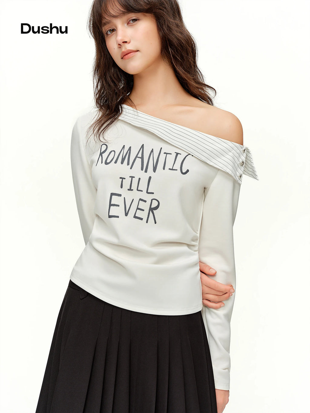 DUSHU 2026 Spring Women's Asymmetric Shoulder Stripe Neck Long Sleeve T-Shirt - Letter Print Casual Top for Daily Wear