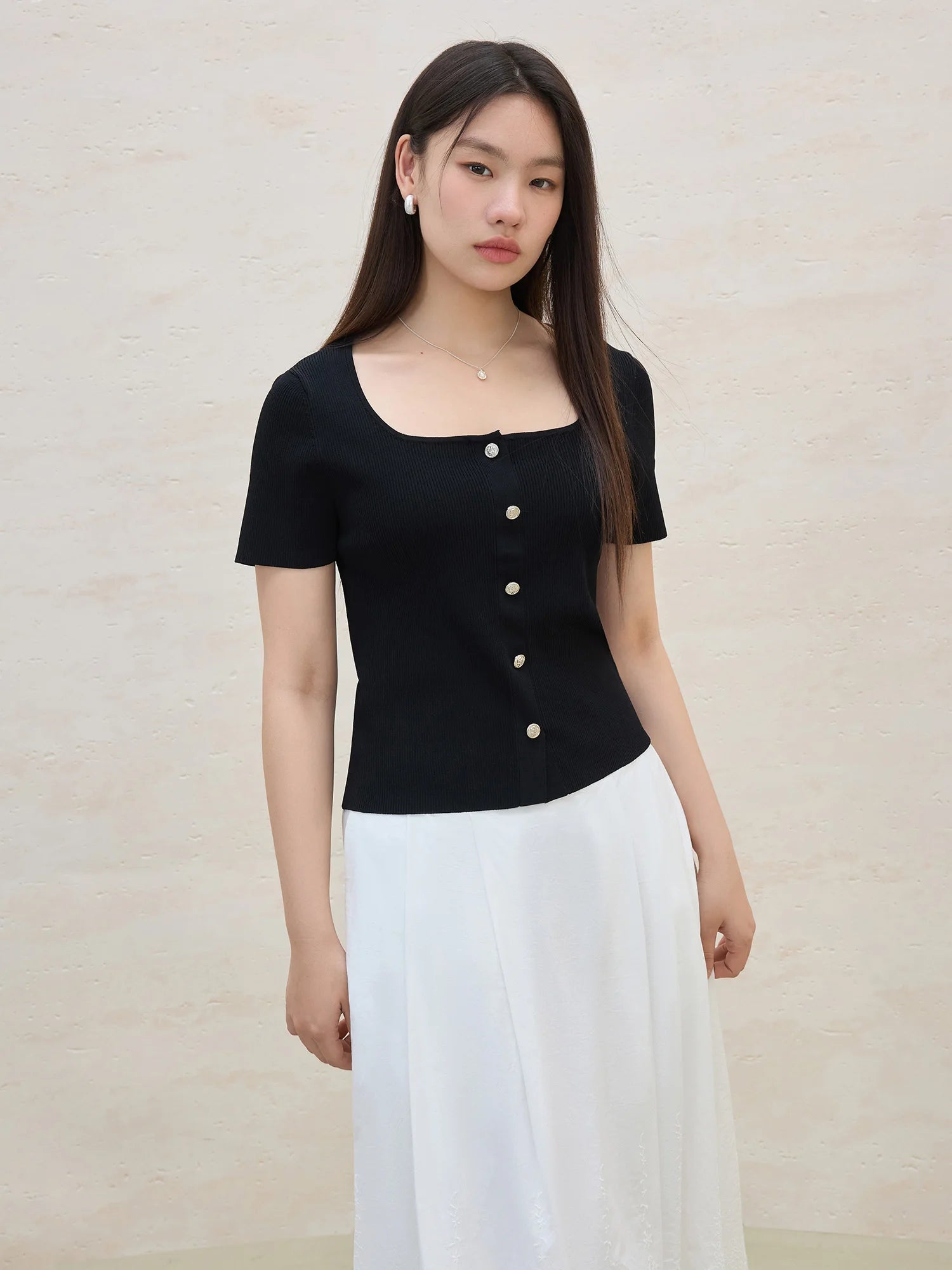 DUSHU Commuting Temperament Knitted Short-sleeved Women 2025 Summer New Style Skin-friendly Comfortable Versatile Tops 25DS82040