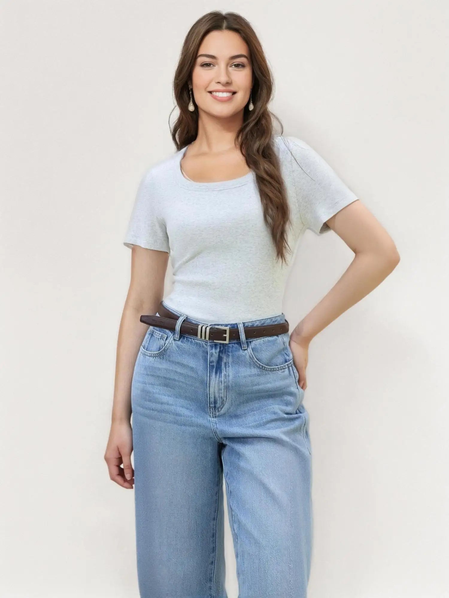 DUSHU Women High-Stretch Structured Shoulder V/U Neck Tee 2025 Summer Casual T-Shirt Elastic Cotton Y2K Fashion New Arrival