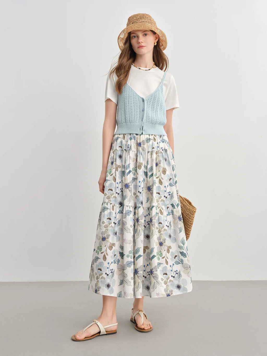 DUSHU Plus-Size Women's Empire-Waisted Floral Print A-Line Cotton Skirt - Summer 2025 New Style Slimming Design Skirt 25DS82576
