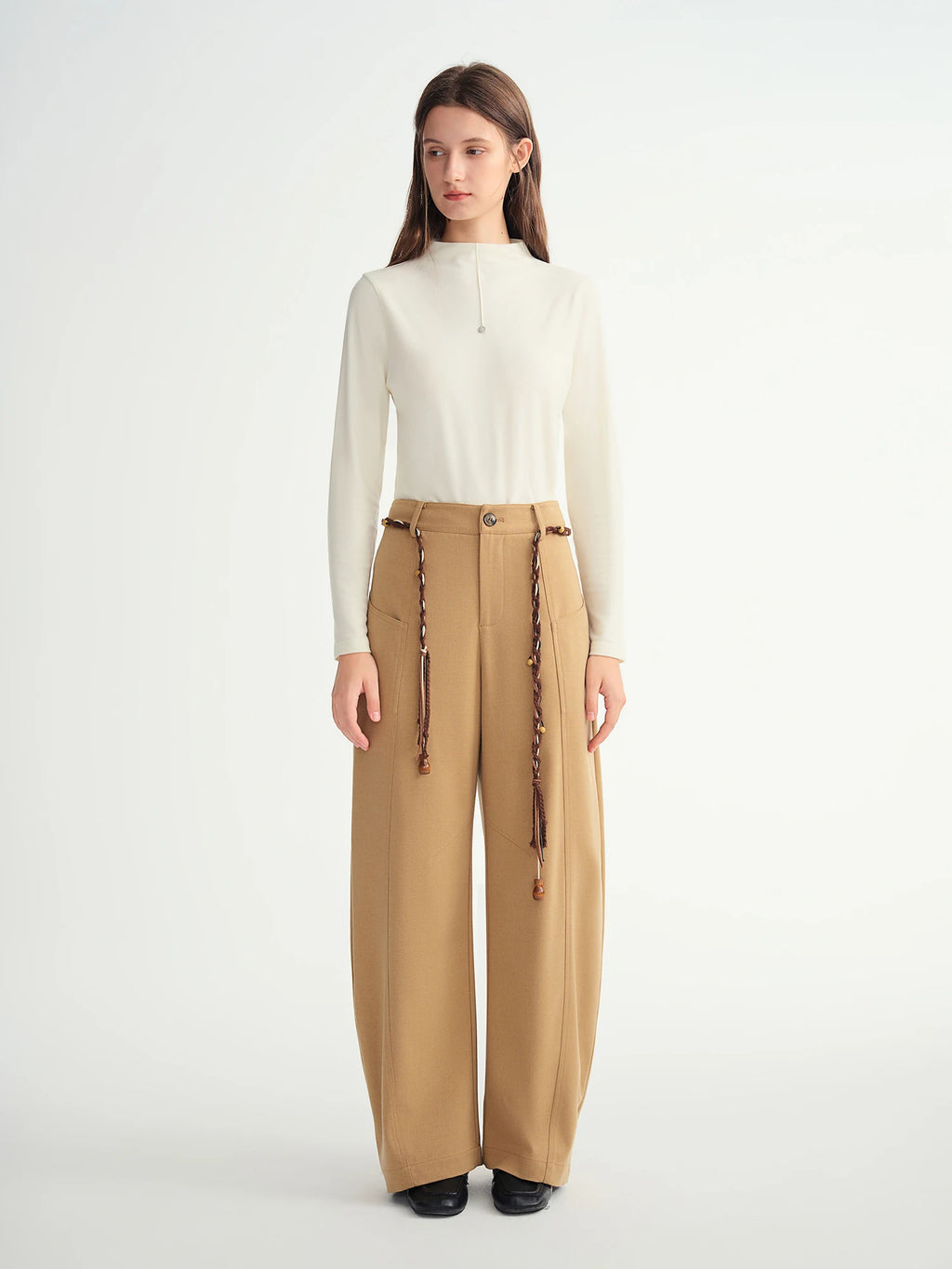 DUSHU Winter 2025 Women's Curved Hem Trousers - Office Casual Asymmetrical Wide Leg Pants with Elastic Waist Comfort Fit