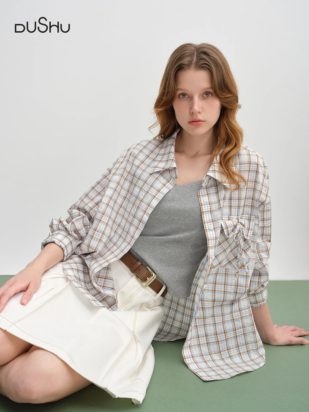 DUSHU Plus Size Women's Pocked Drawstring Plaid Collar Shirt Autumn 2025 New Arrival Top Women's Shirts 25DS83209