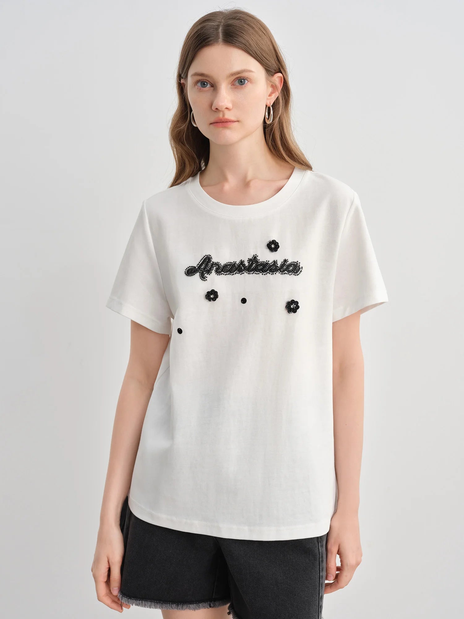 DUSHU Plus Size Versatile Casual Letter T-shirt 2025 Summer New Slightly Fat Printed Slim Short-sleeved Top 25DS82707