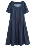 DUSHU Retro Waist-Defining Denim Maxi Dress 2025 Summer Vintage Office Commute Versatile Styling Day-to-Night Transition Dress