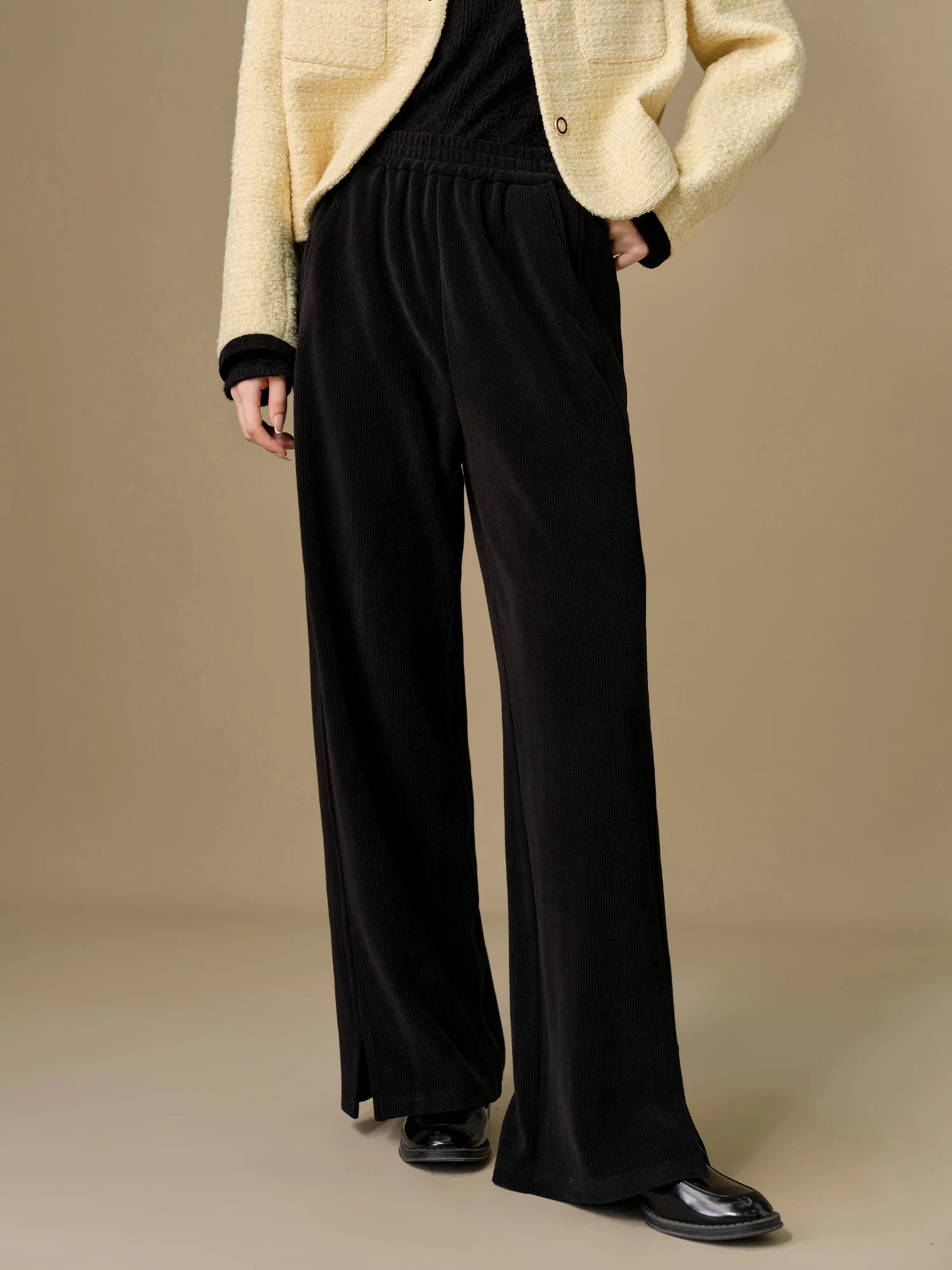 DUSHU【2 Colors】Women Thick Trousers 2024 Winter Beige Elastic Waist Full Length Trousers Black Commuter Pant 24DS84528+24DS84429