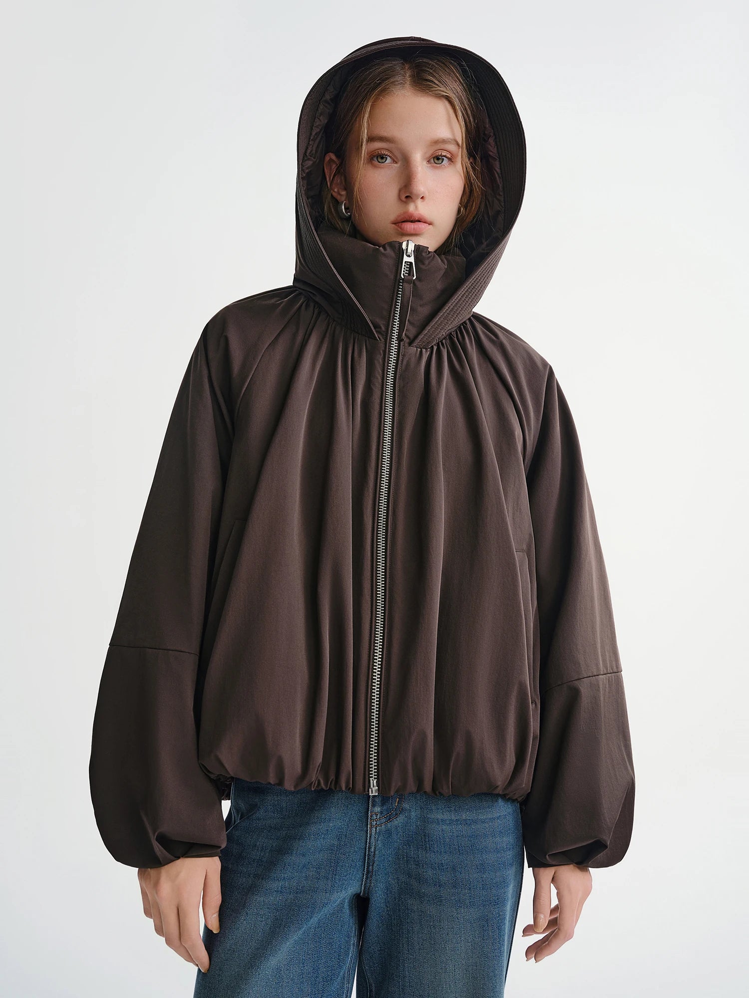 DUSHU Plus-Size Women's Caramel American Styled Design-Oriented Pleated Hooded Down Jacket Winter Flattering for Plus-Size Women