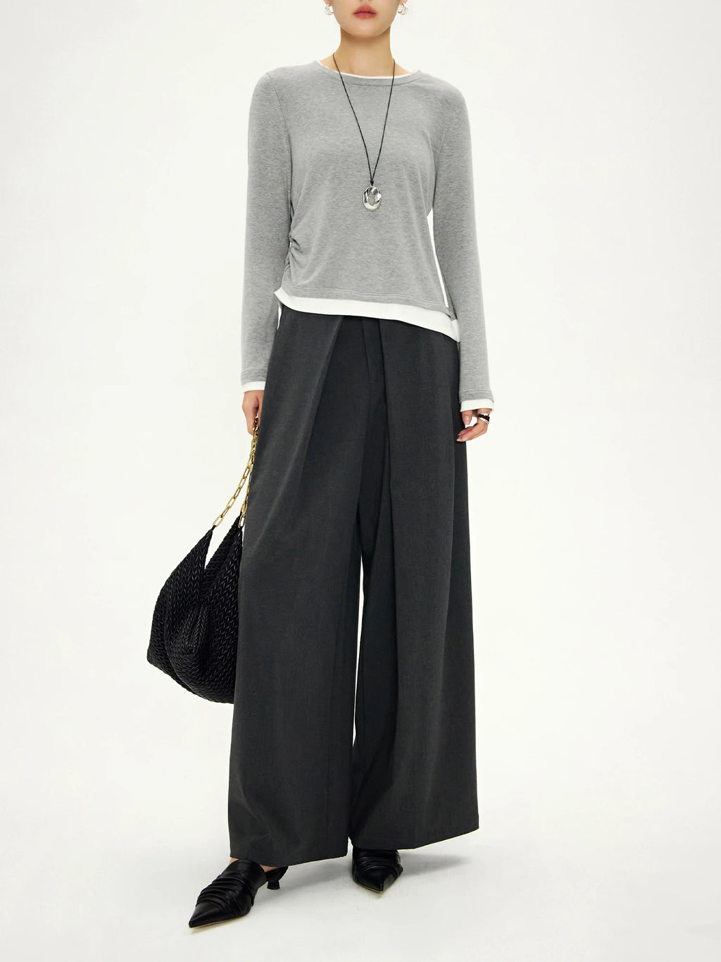 DUSHU Unique Design Pleated Gray Loose Versatile Wide-Leg Suit Pants 2024 Autumn New Cleanfit Versatile Casual Pants 24DH83002