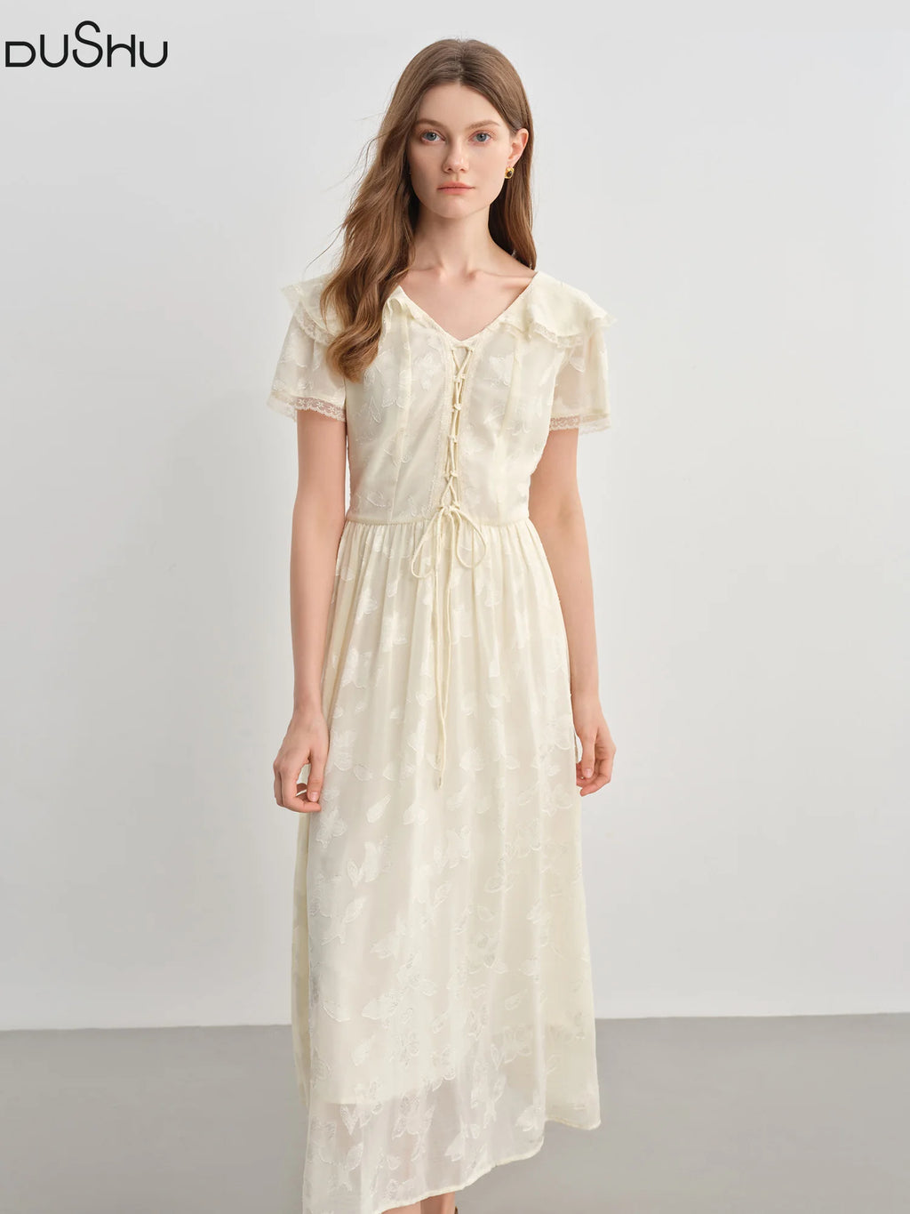 DUSHU Plus-Size Women Summer 2025 New Arrival  Elegant Ruffled Collar Jacquard V-Neck Romantic Fitted Waist Long Dress 25DS82753