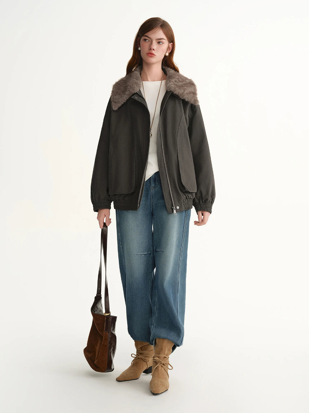 DUSHU 2025 Winter Women's Detachable Faux Fur Collar Utility Down Jacket - Warm Parka Coat with Multiple Pockets for Outdoor
