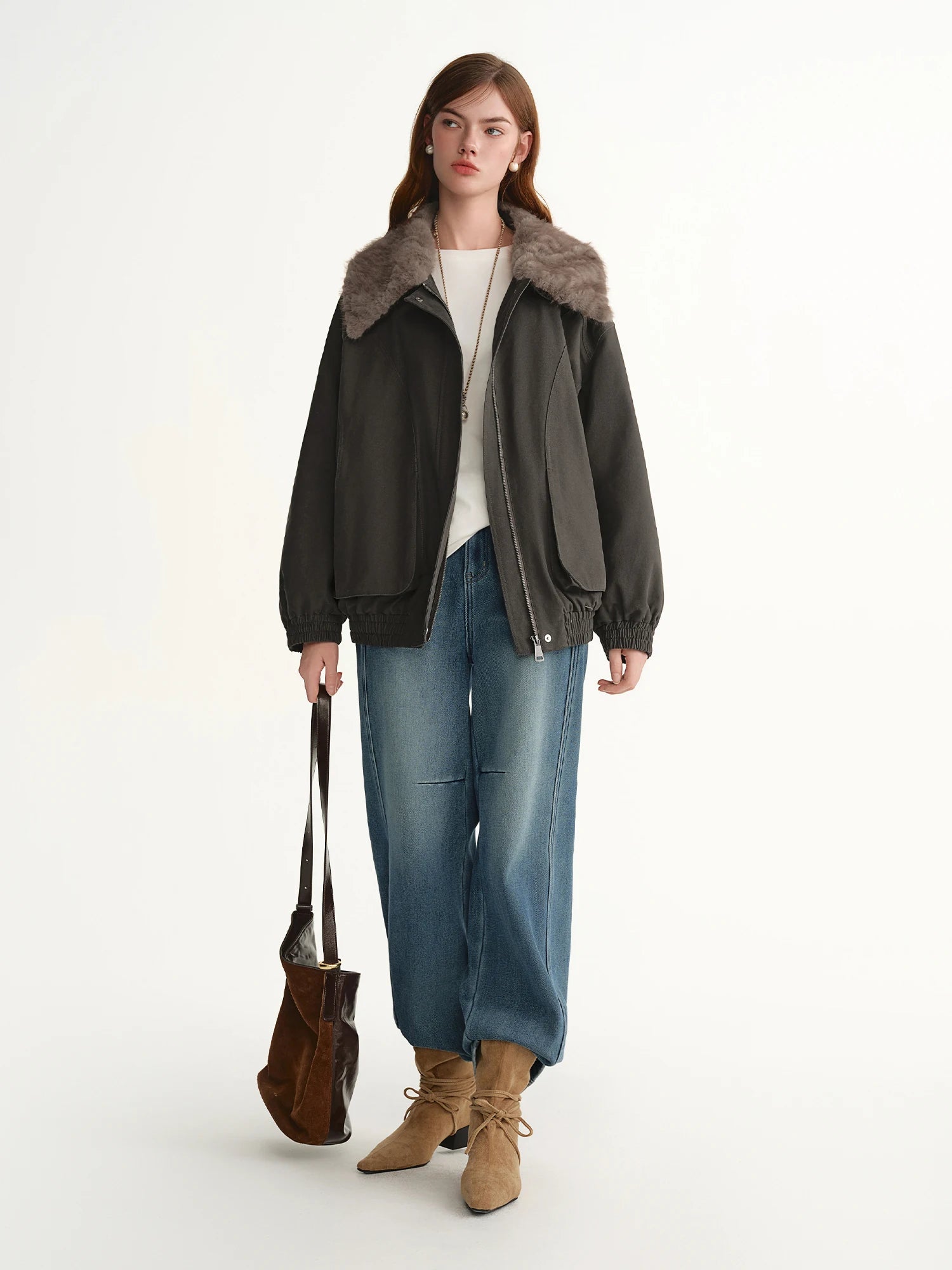 DUSHU 2025 Winter Women's Detachable Faux Fur Collar Utility Down Jacket - Warm Parka Coat with Multiple Pockets for Outdoor