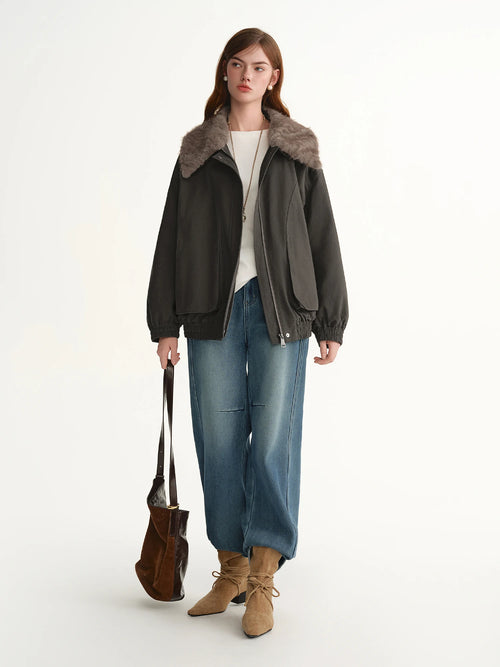 DUSHU 2025 Winter Women's Detachable Faux Fur Collar Utility Down Jacket - Warm Parka Coat with Multiple Pockets for Outdoor