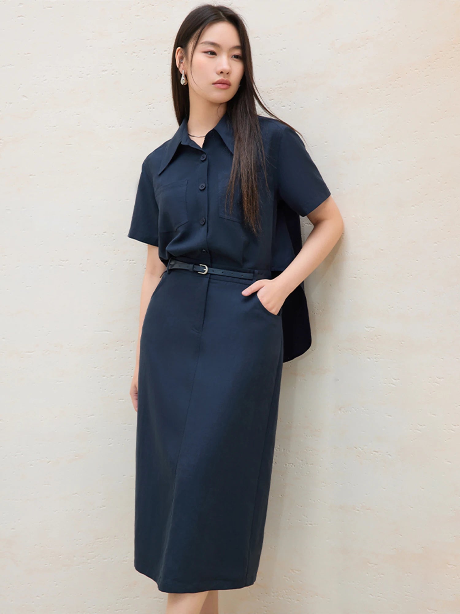 DUSHU Plus Size Women Simple Commuter Shirt Dress 2025 New Arrival Design Lyocell Versatile Casual Blue Long Dress 25DS82498