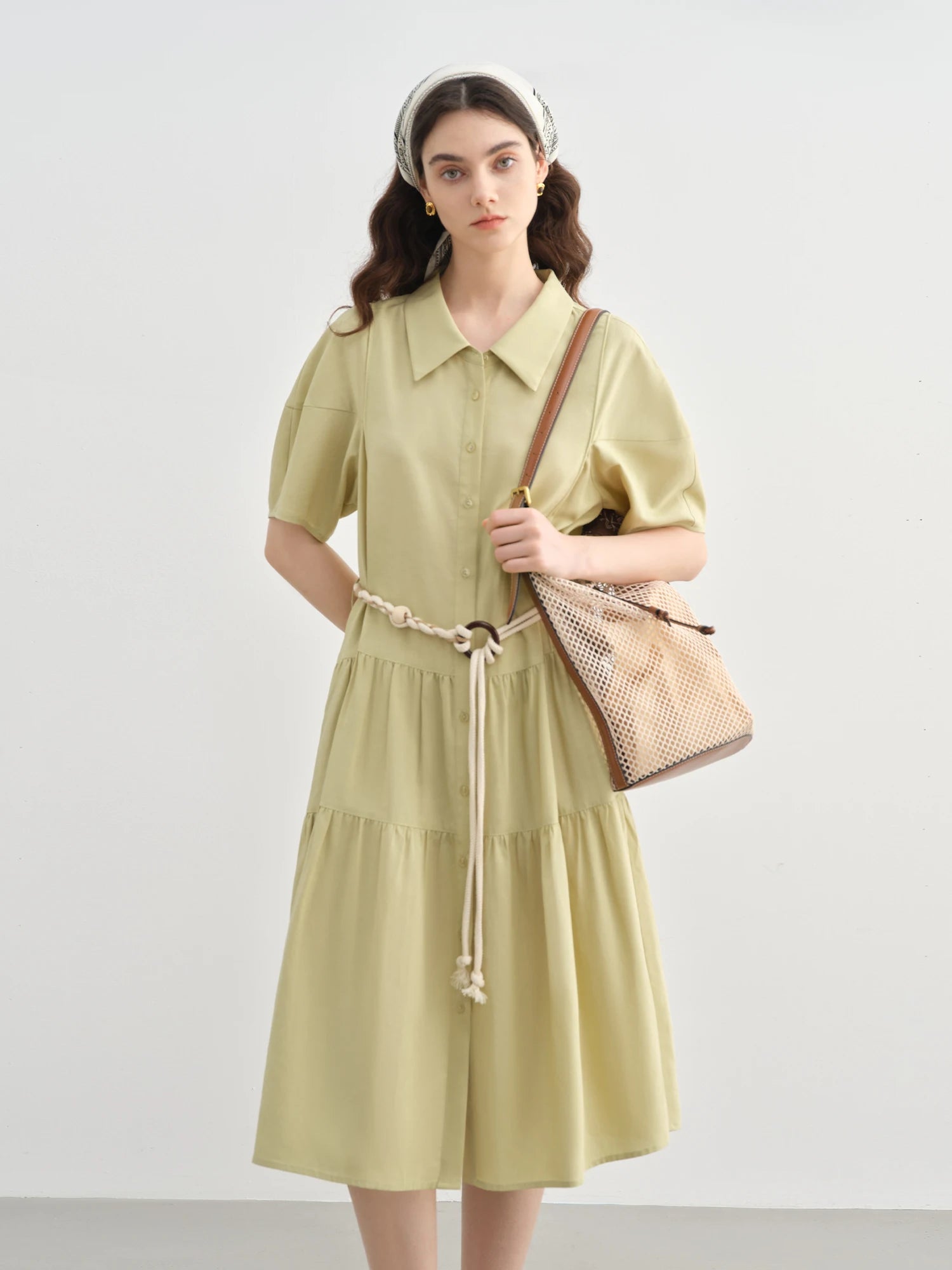 DUSHU Plus Size Casual Commuting Lapel Shirt Dress 2025 Summer New Arrival HIgh Waist Slimming Fashion A-line Dress 25DS82616