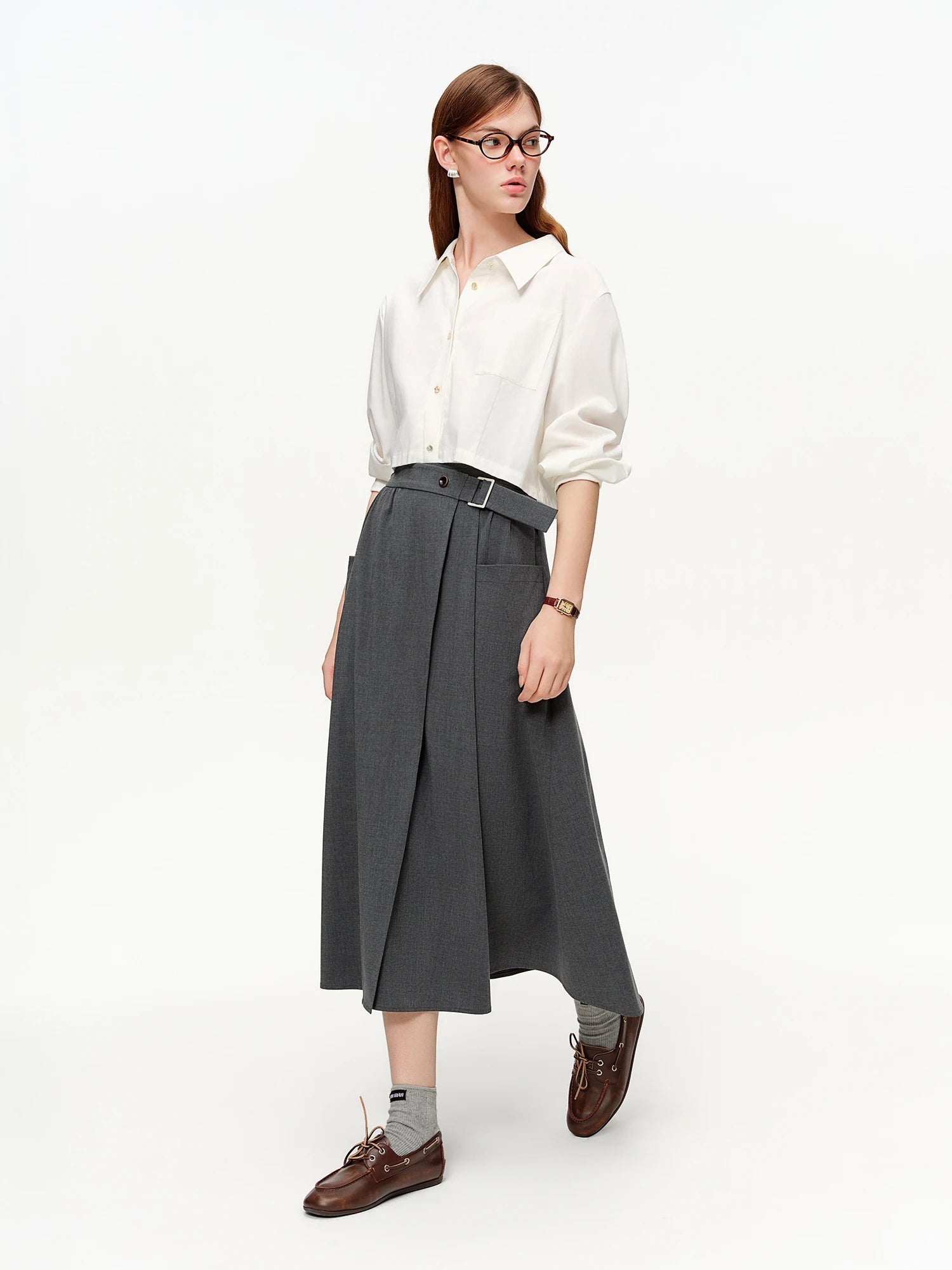 DUSHU High-waisted Slimming Midi Skirt New Spring 2026 Style Grey Mid-calf Solid Simple Pleated Commuting All-match Korean
