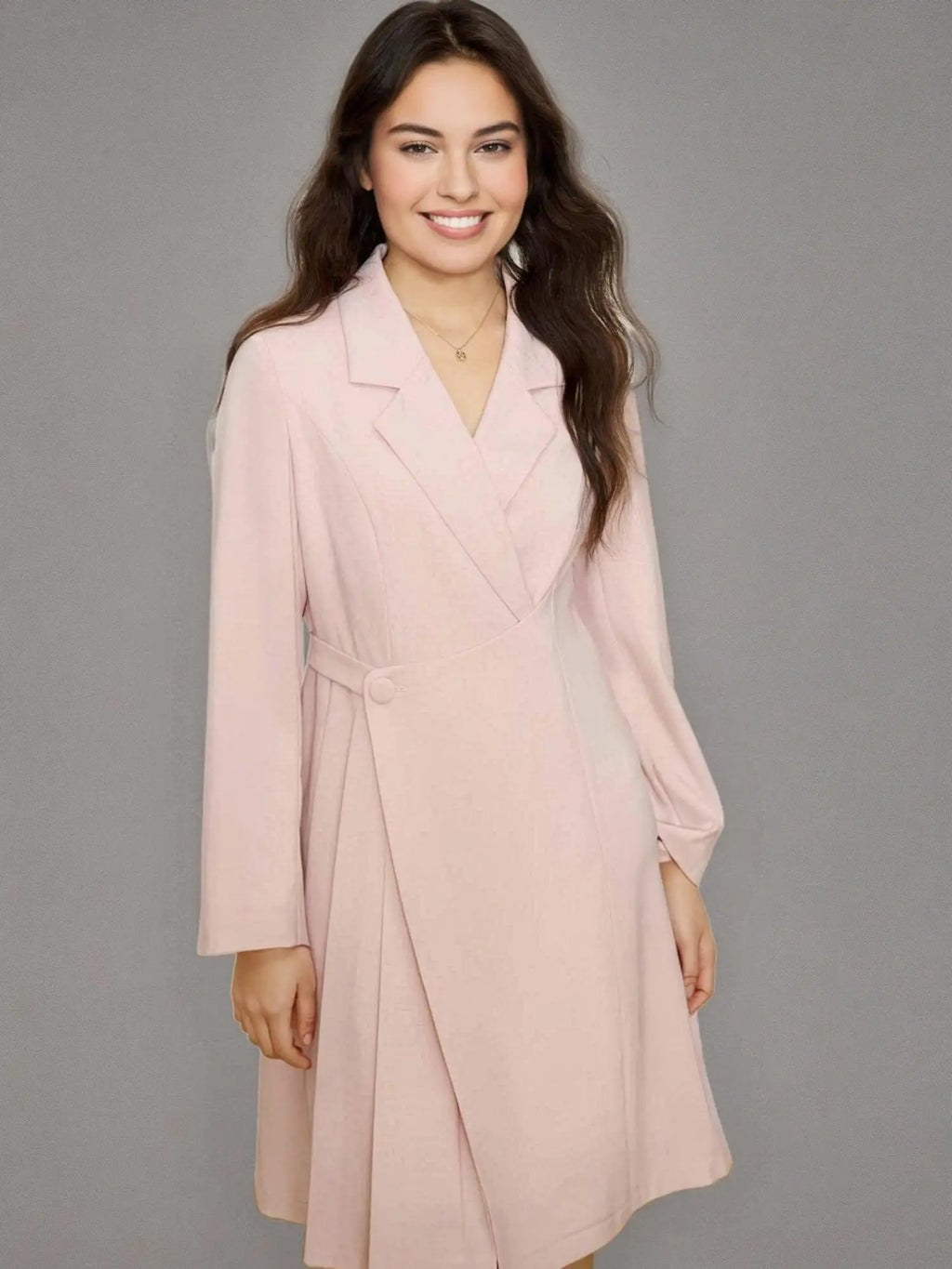DUSHU【2 Length 2 Color】Women Suit Dress Notched Collar Spring Long Sleeve Pink Dresses Mid-Calf Black Dress 25DS81202+25DS81208