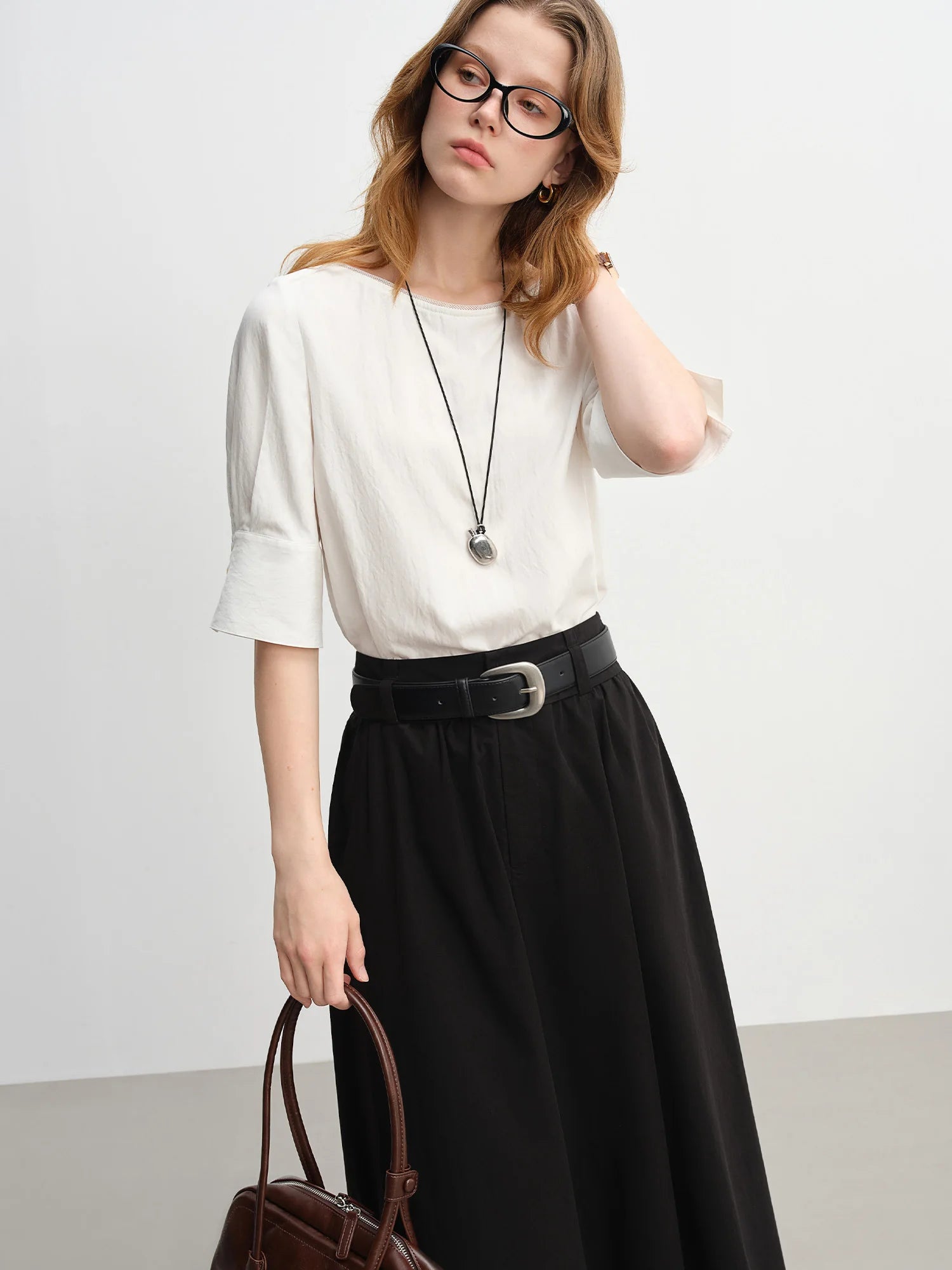 DUSHU One-shoulder commuter shirt 2025 autumn new simple loose split three-quarter sleeve top 25DS83195