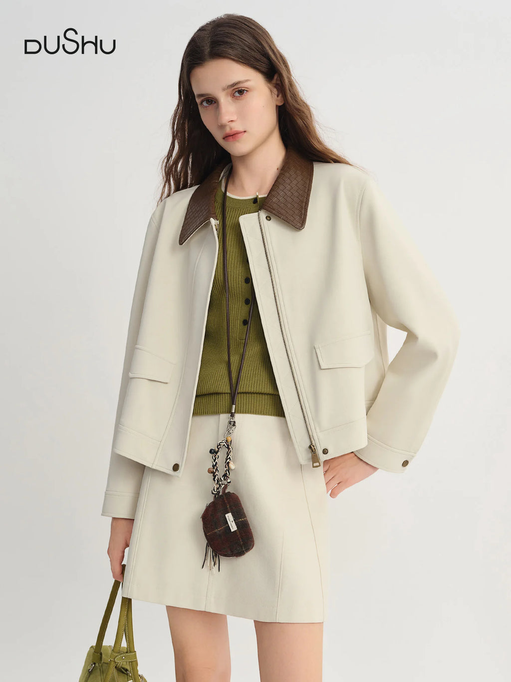 DUSHU Contrast Color Woven Leather Collar Jacket Women 2025 Autumn Drop Shoulder Short Coat Cleanfit Streetwear Leisure