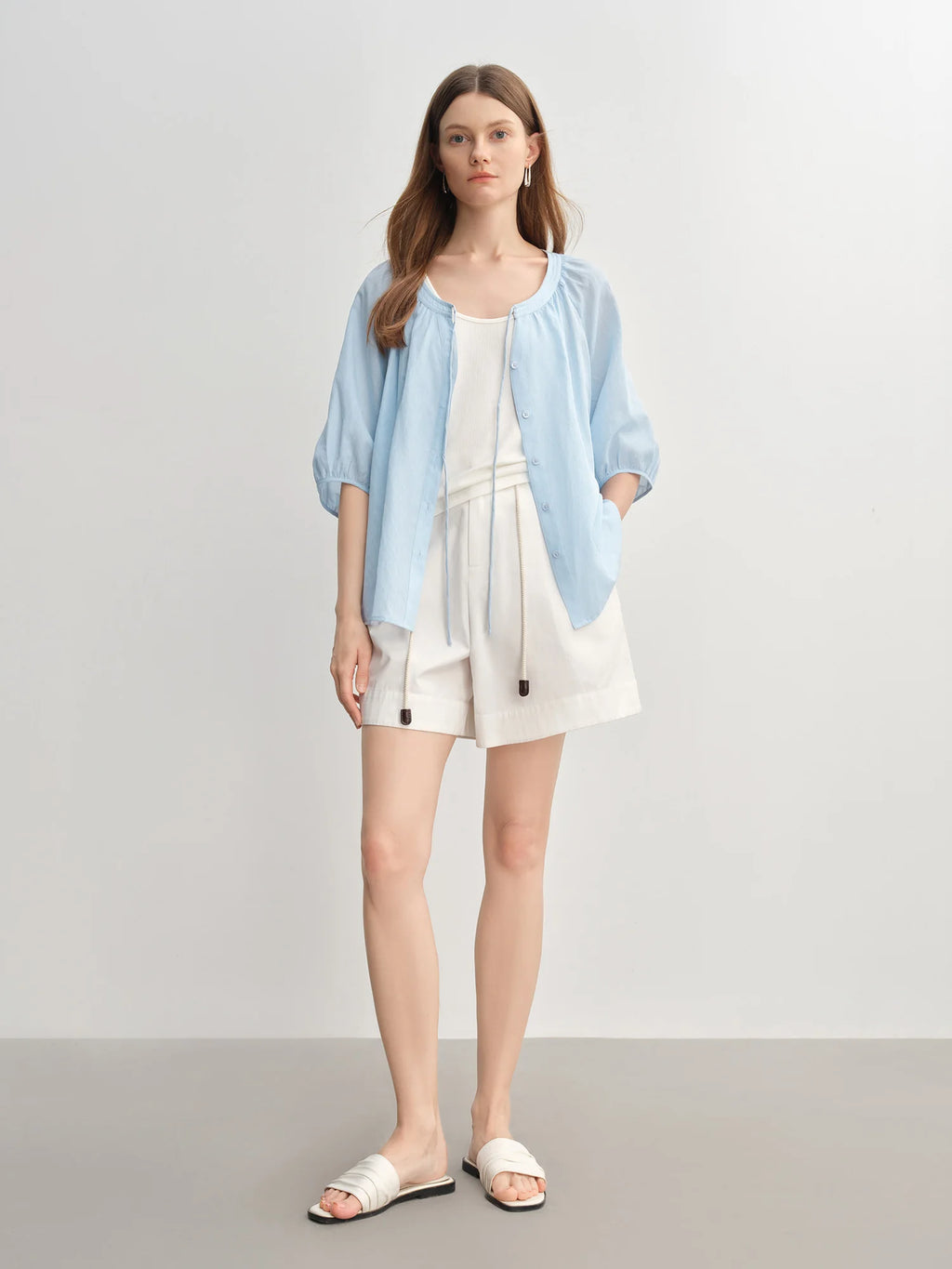 DUSHU Sweet Tie-neck Half-sleeve Thin Blouse Summer New Product Fat Cover Meat Thin Two-wear Top 25DS82917