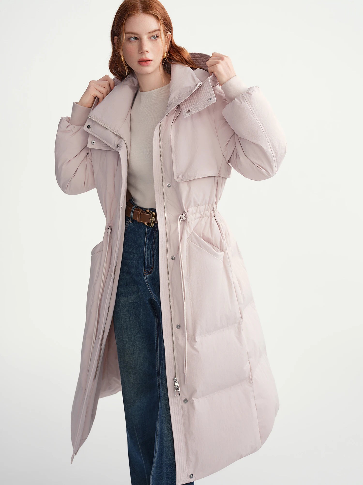 DUSHU 2025 Plus Women's Long Puffer Coat Hooded Belted Waist Down Jacket Slim Fit Winter Warm Thermal Parka Trench Overcoat