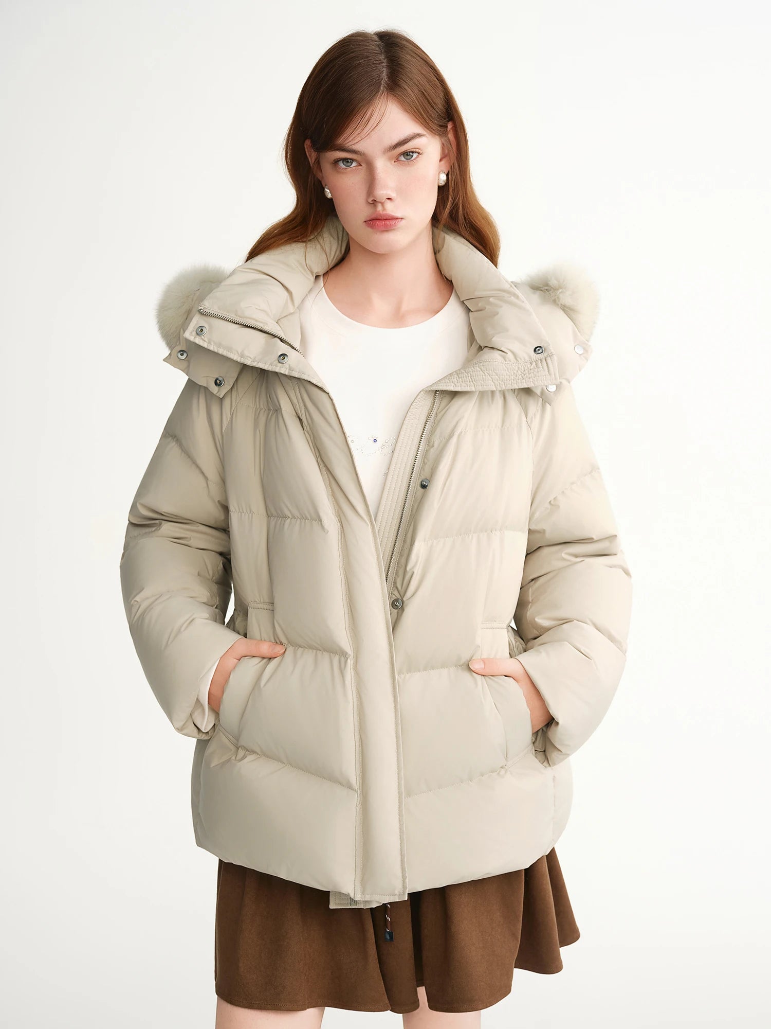 DUSHU Puff Down Jacket Long and Short Styles of Goose Down Jacket Women Fox Fur Collar 2025 Winter Outerwear Simple Commuting