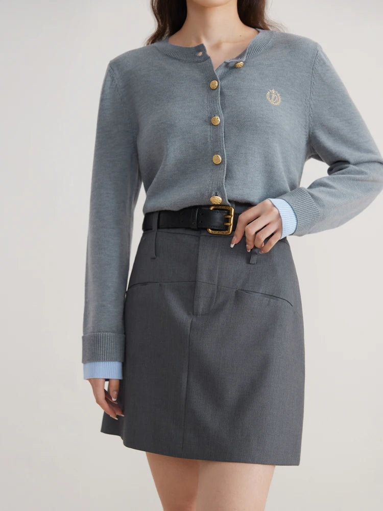 DUSHU【2 Colors】Women Pocket Decoration Commuter Above-Knee Length Spring Skirts High Waist Brown Female Mini A-LINE Skirt