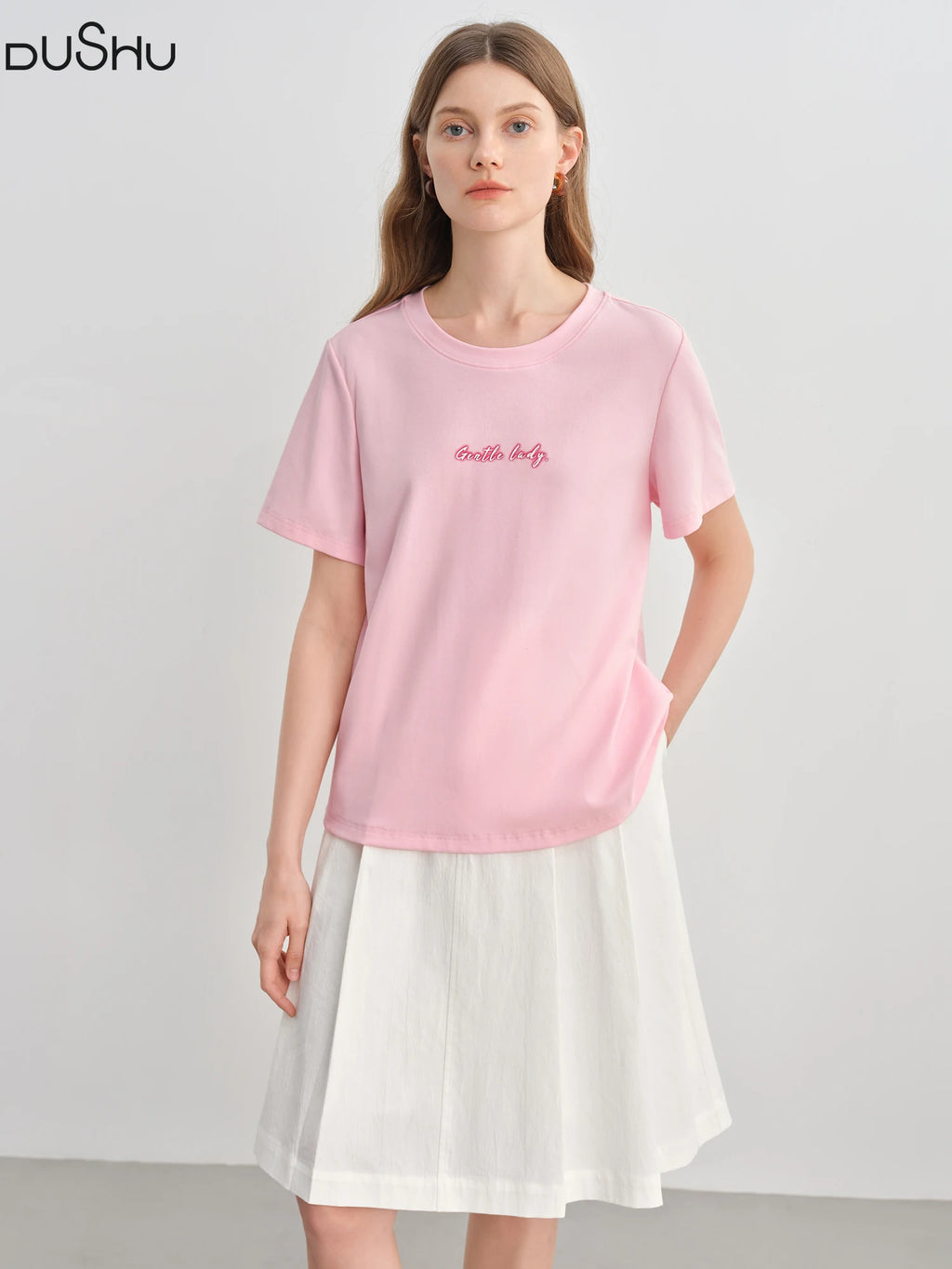 DUSHU Plus-Size Women O-Neck Top Summer Essentials Contrast Letter Print High-Elasticity Slimming Proper Shoulder Tees 25DS82622